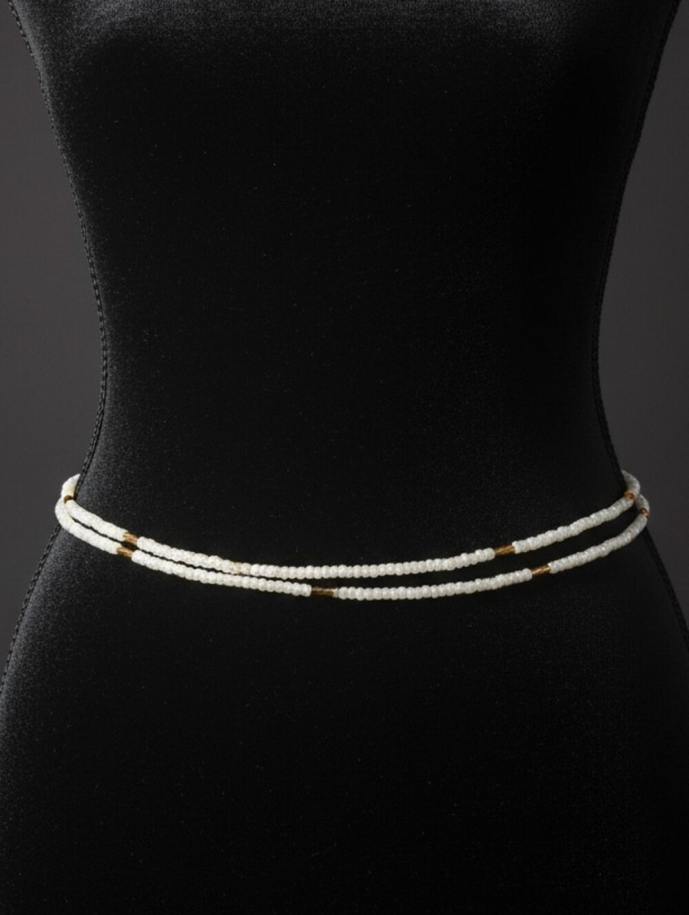 Double-Strand White Beaded Waist Chain with Gold Accents
